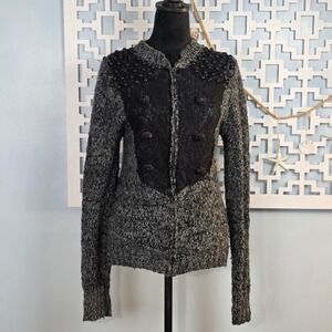 Boutique Marled Grey Wool Blend Beaded Lace Zip Front Cardigan Sweater Large